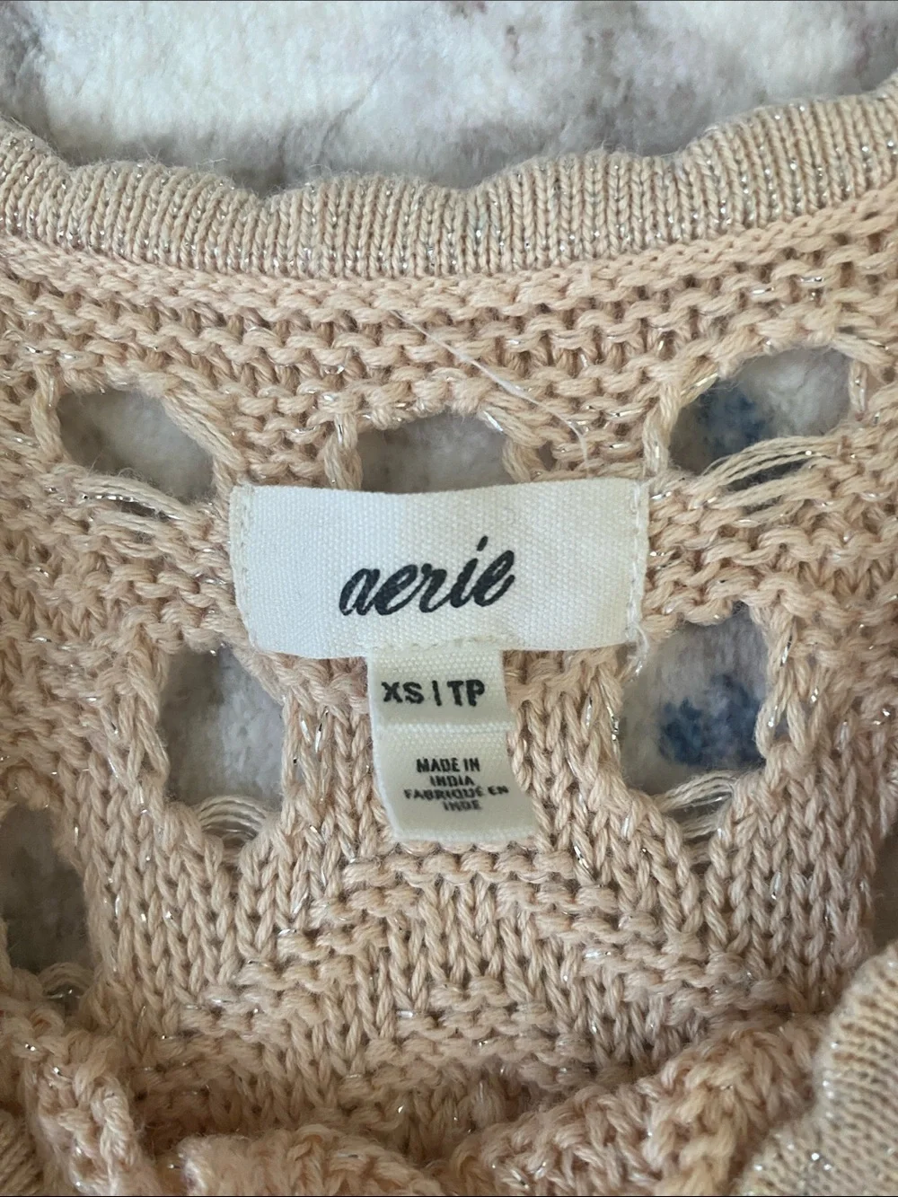 Aerie Beige Crochet Metallic Knit Swim Cover-Up Mini Dress